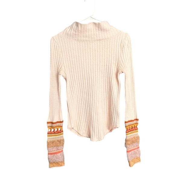 Free People Mixed Cuff Thermal Top SZ S Peach Boho Hipster Fuzzy Ribbed Casual - Picture 2 of 10